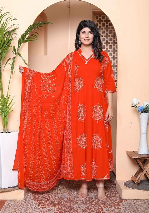 Orange Floral Cotton Anarkali Kurta With Dupatta