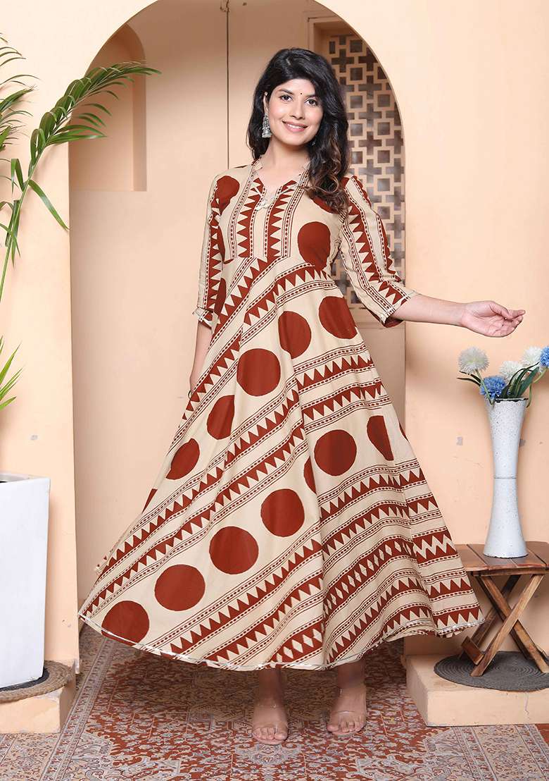 Brown Polka Dot Cotton Anarkali - Indya