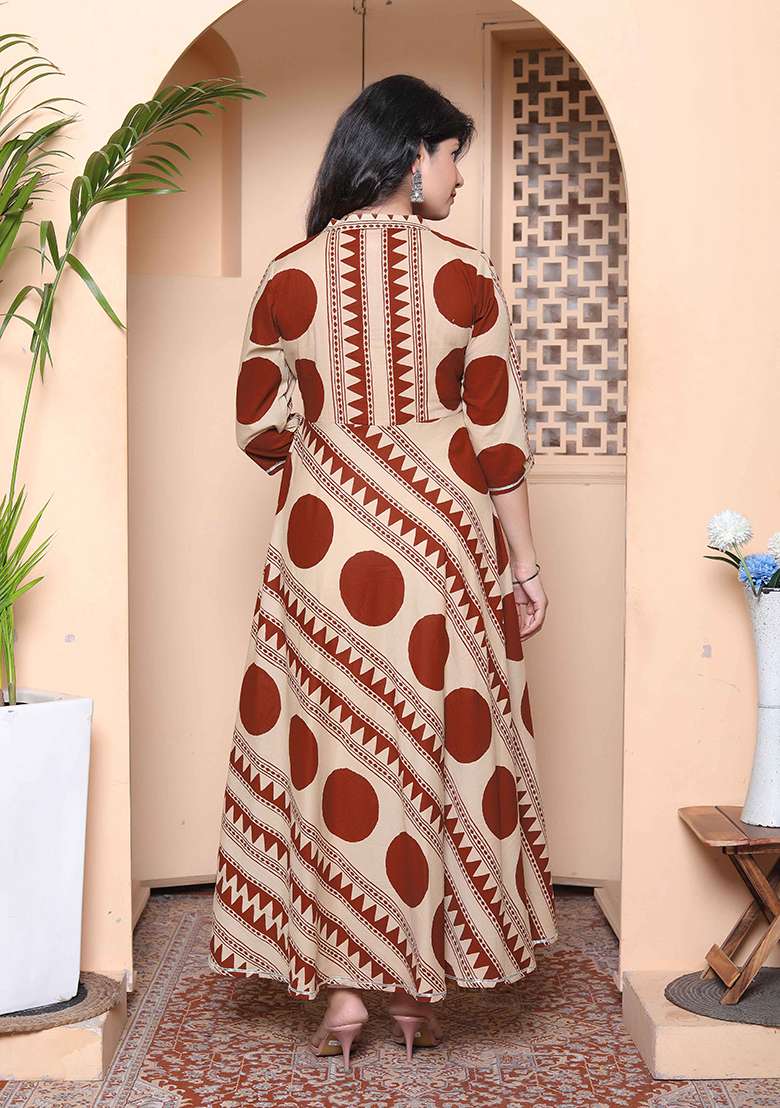 Brown Polka Dot Cotton Anarkali - Indya