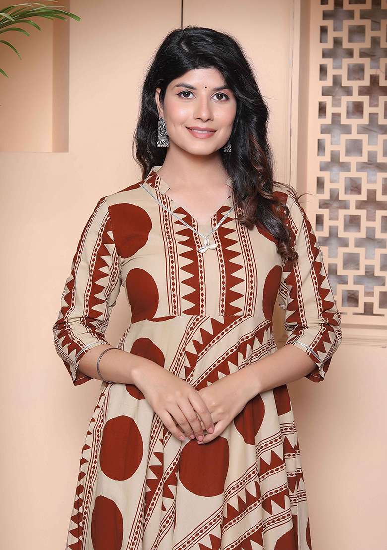 Brown Polka Dot Cotton Anarkali - Indya