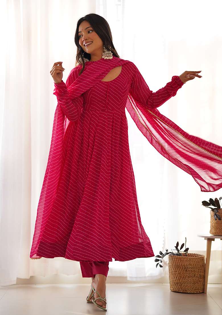 Pink Printed Georgette Kurta Set - Indya