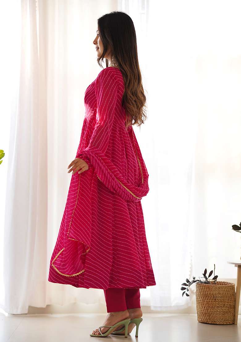 Pink Printed Georgette Kurta Set - Indya