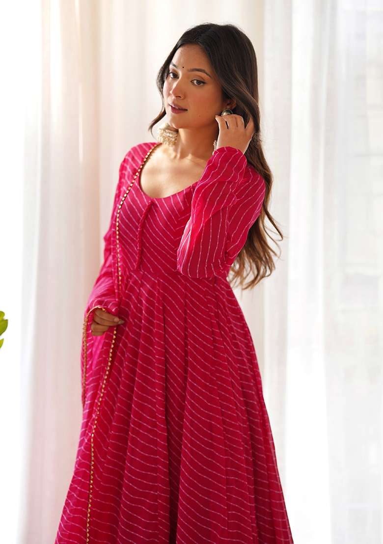 Pink Printed Georgette Kurta Set - Indya