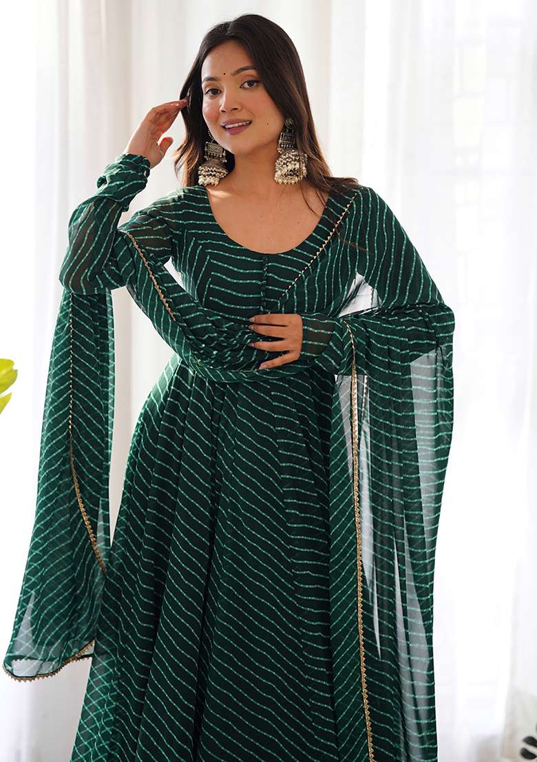 Green Printed Georgette Kurta Set - Indya