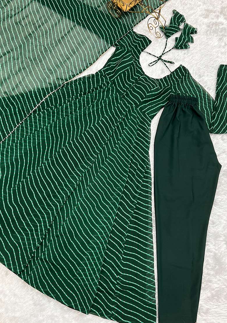Green Printed Georgette Kurta Set - Indya