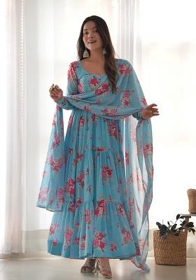 Blue Printed Georgette Kurta Set