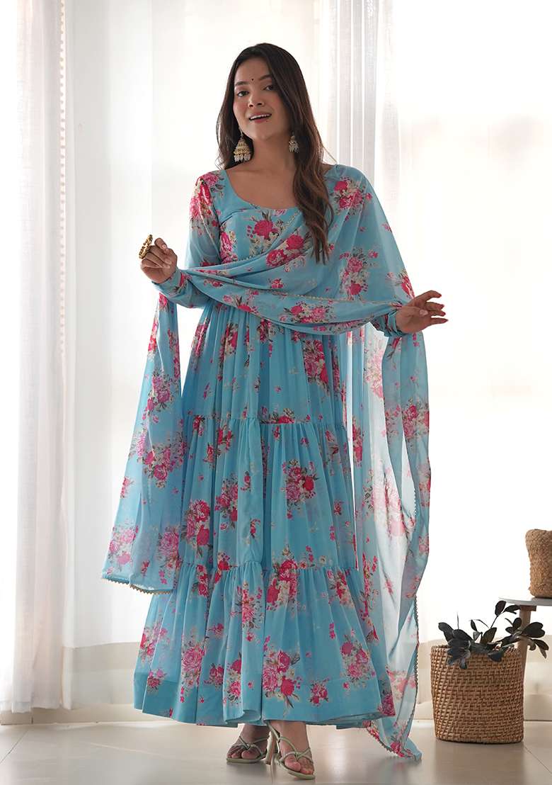 Blue Printed Georgette Kurta Set - Indya