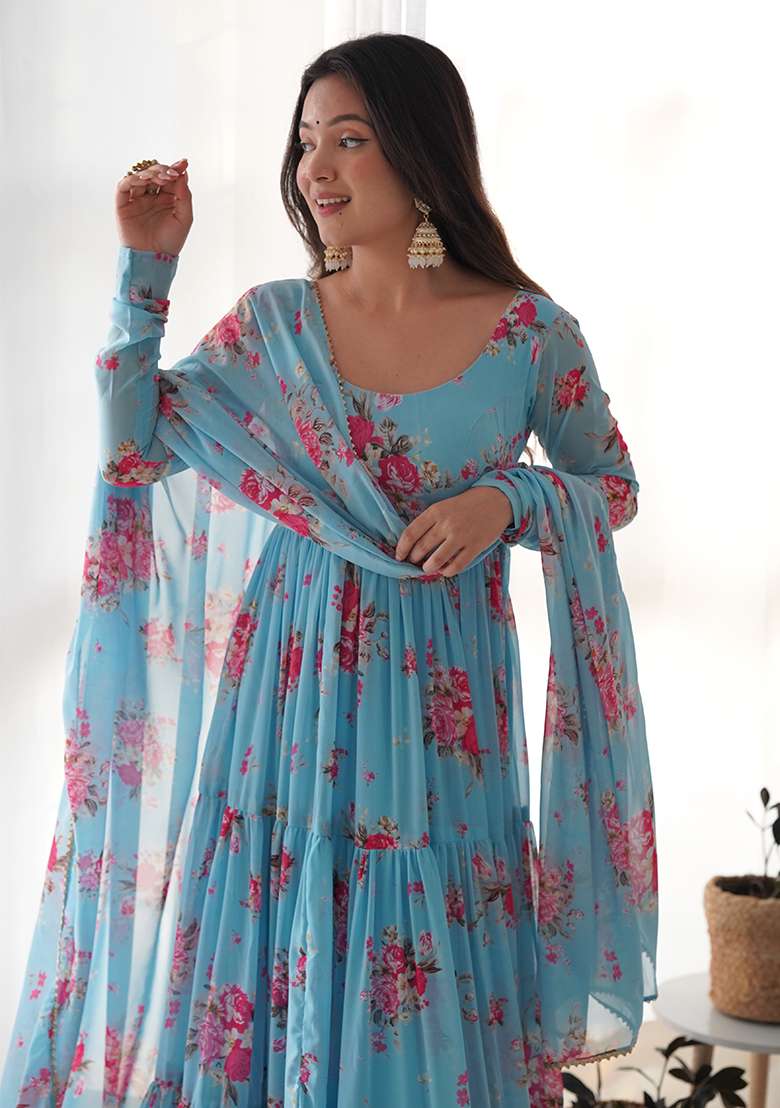 Blue Printed Georgette Kurta Set - Indya