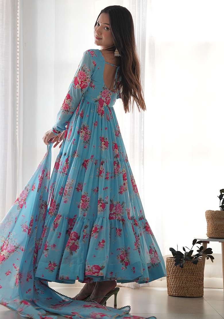 Blue Printed Georgette Kurta Set - Indya