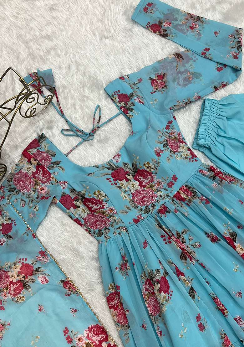 Blue Printed Georgette Kurta Set - Indya