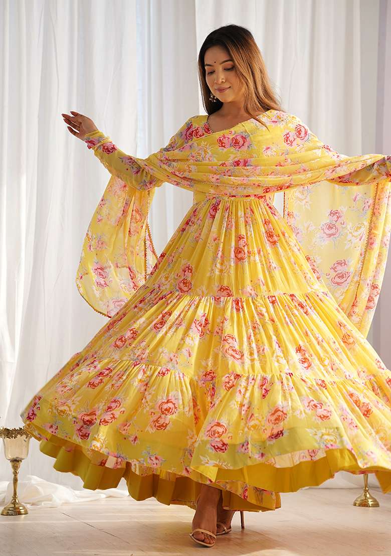 Yellow Printed Georgette Kurta Set - Indya