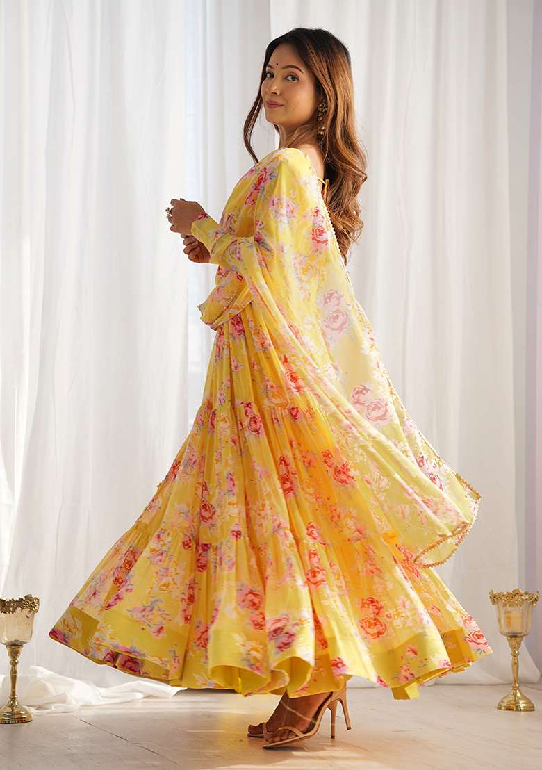 Yellow Printed Georgette Kurta Set - Indya