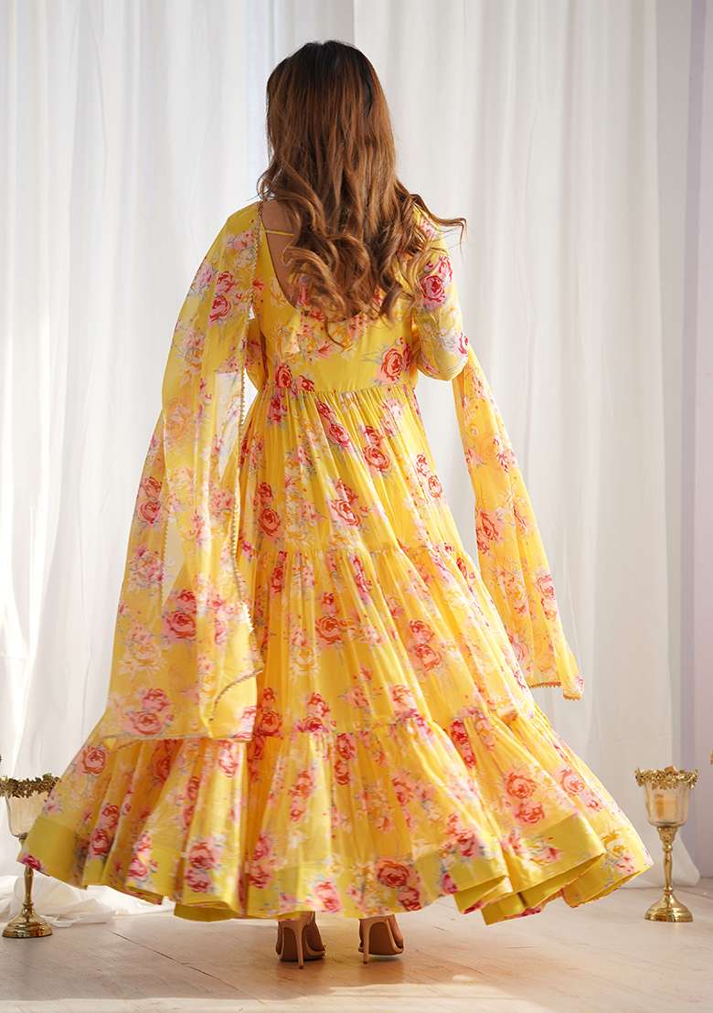 Yellow Printed Georgette Kurta Set - Indya