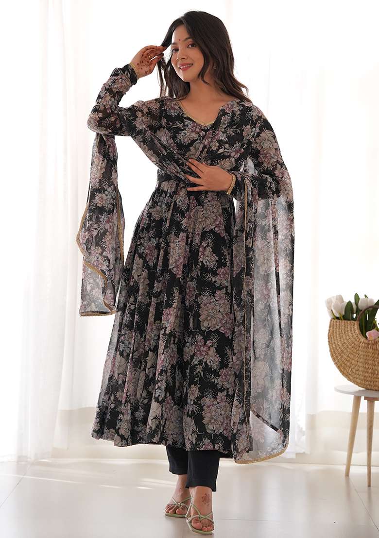 Black Printed Georgette Kurta Set - Indya