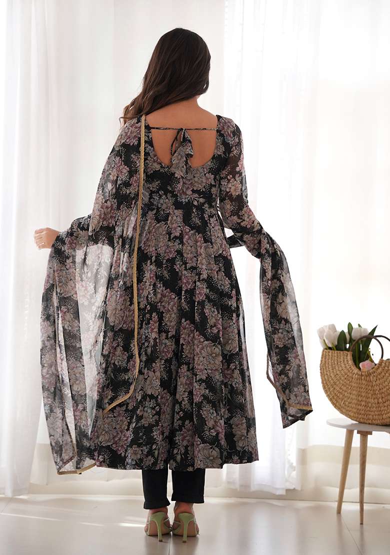 Black Printed Georgette Kurta Set - Indya