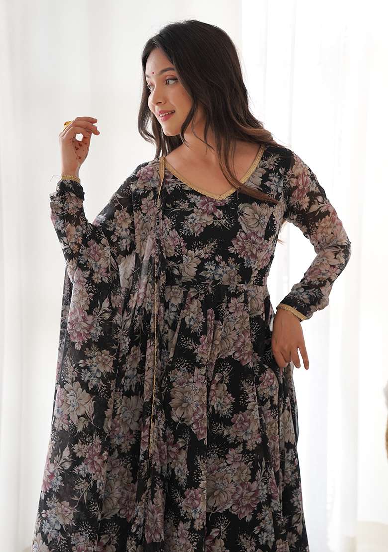 Black Printed Georgette Kurta Set - Indya