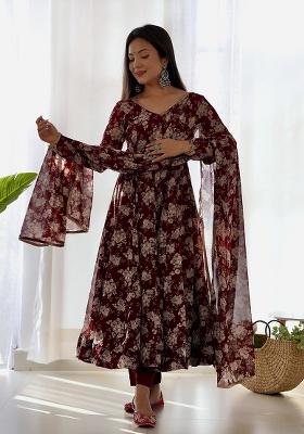 Coffee Printed Georgette Kurta Set