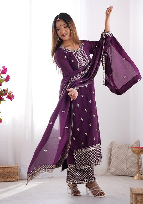 Purple Embroidery Silk Kurta Set