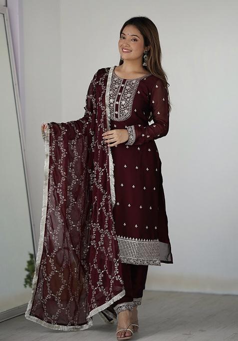 Maroon Embroidery Silk Kurta Set