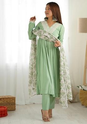 Pista Green Embroidery Silk Kurta Set