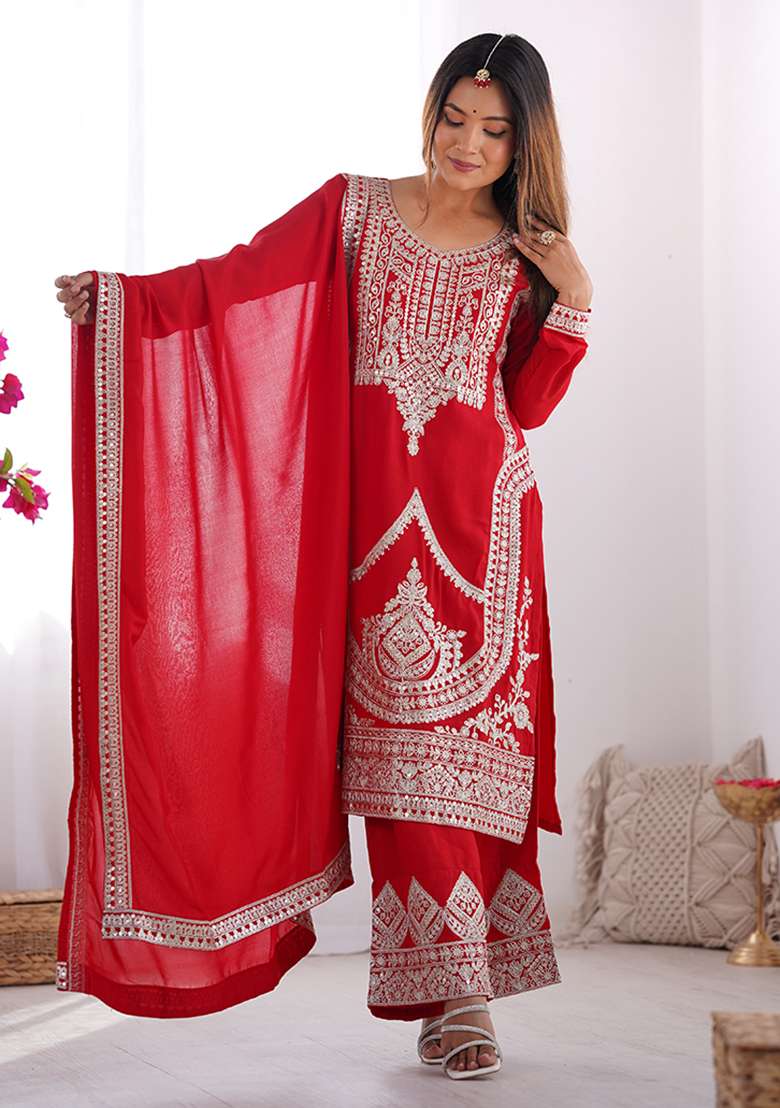Red Embroidery Silk Kurta Set - Indya