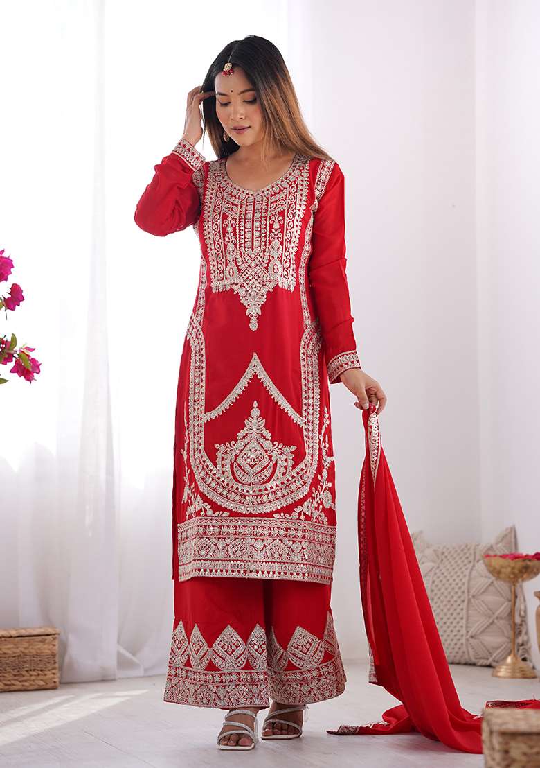 Red Embroidery Silk Kurta Set - Indya