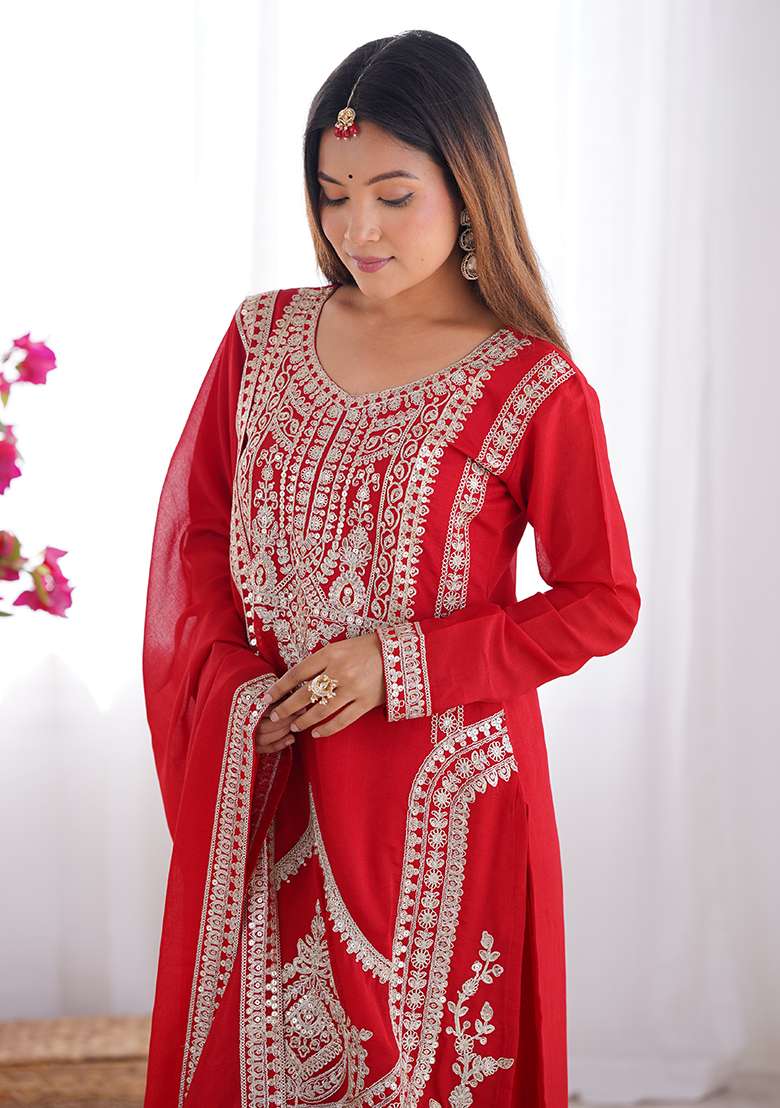 Red Embroidery Silk Kurta Set - Indya