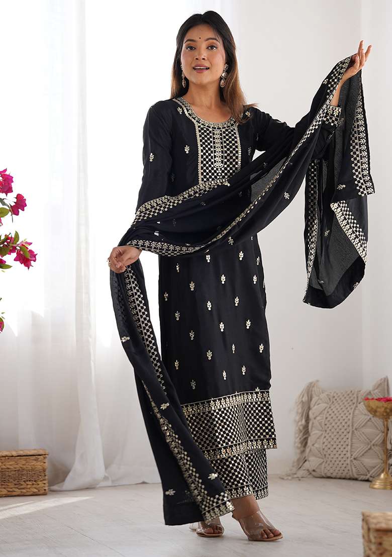 Black Embroidery Silk Kurta Set - Indya