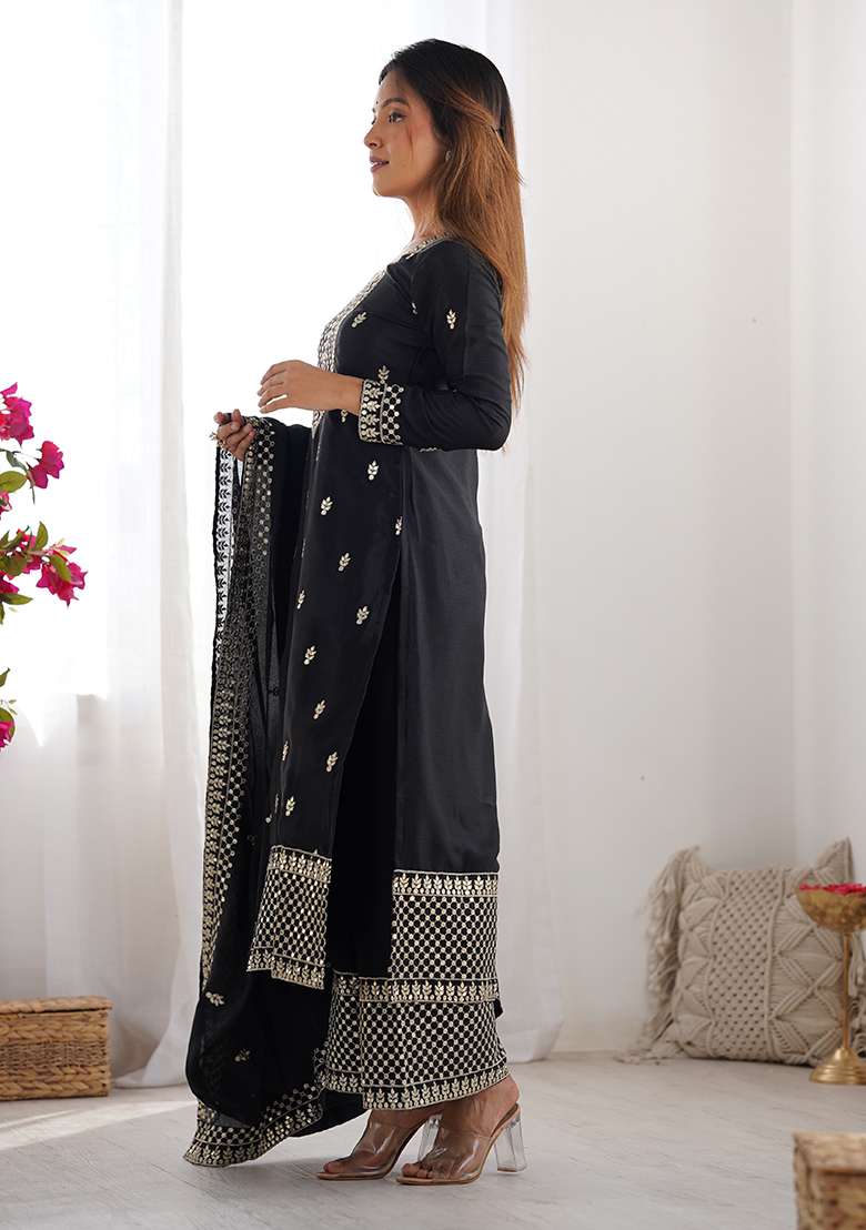 Black Embroidery Silk Kurta Set - Indya