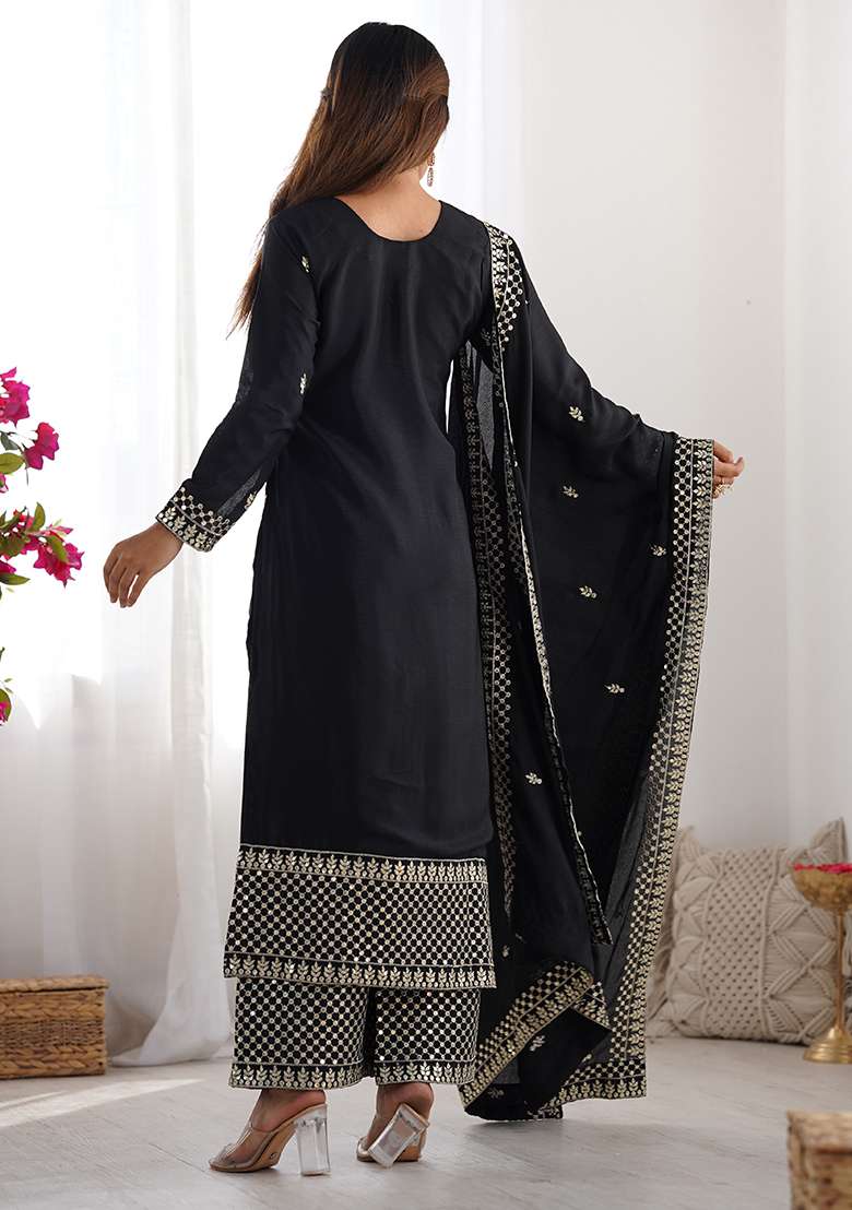 Black Embroidery Silk Kurta Set - Indya