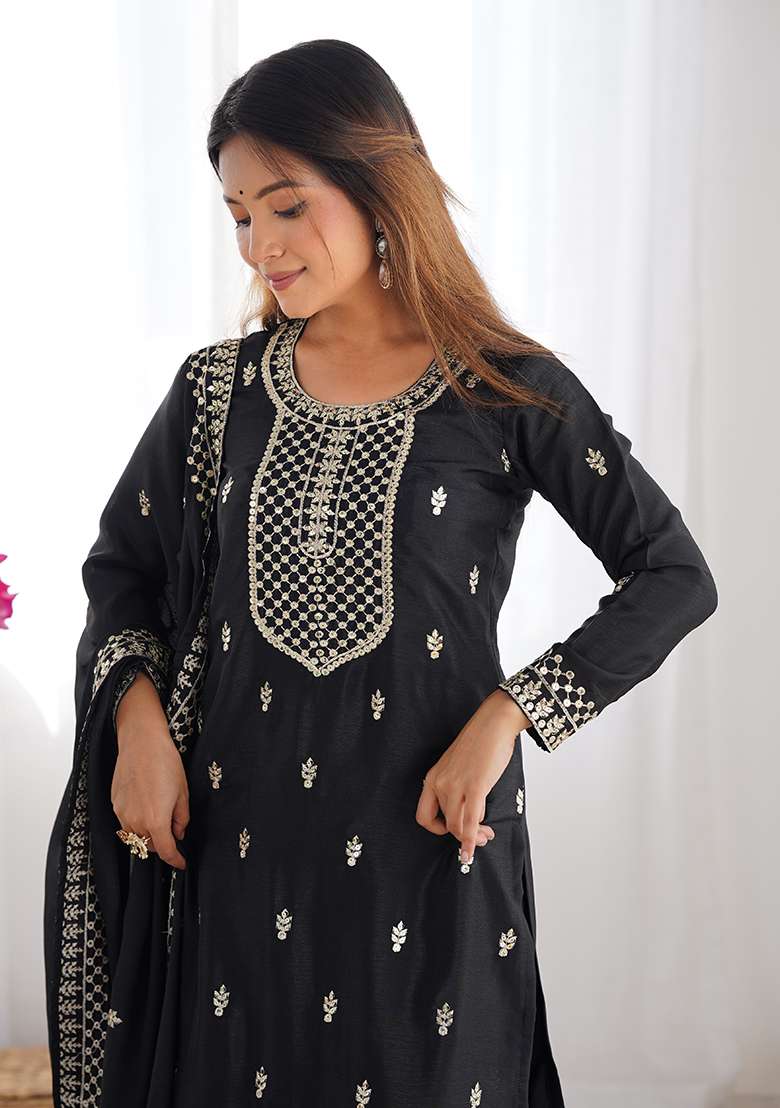 Black Embroidery Silk Kurta Set - Indya