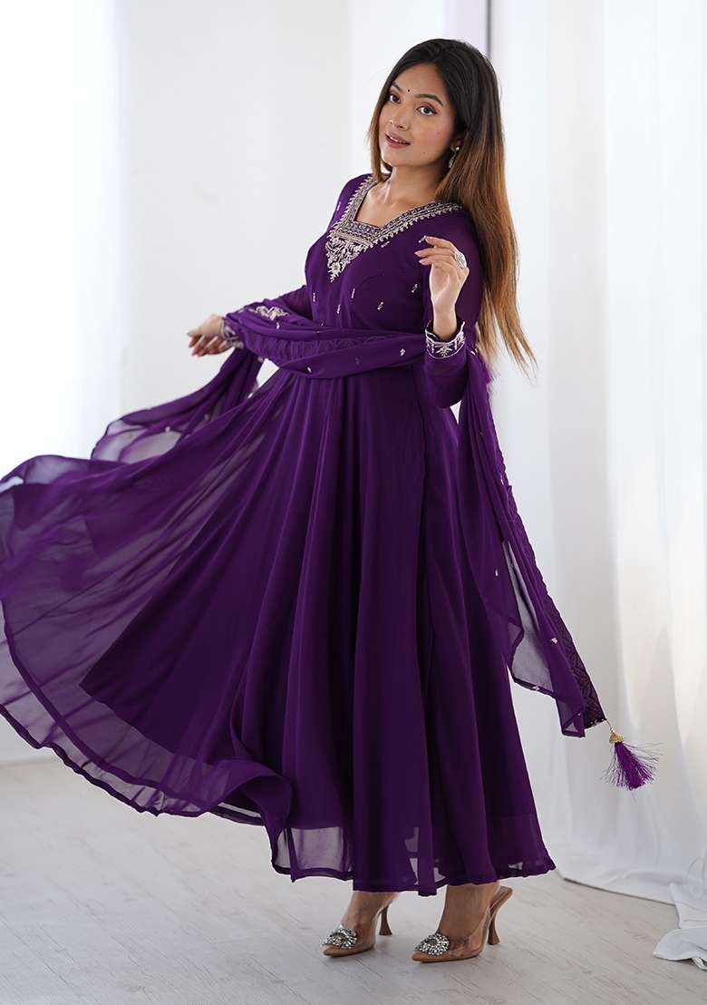 Purple Embroidery Georgette Kurta Set - Indya