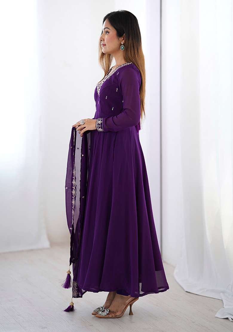Purple Embroidery Georgette Kurta Set - Indya