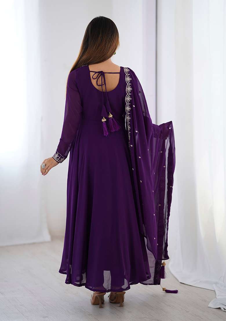Purple Embroidery Georgette Kurta Set - Indya