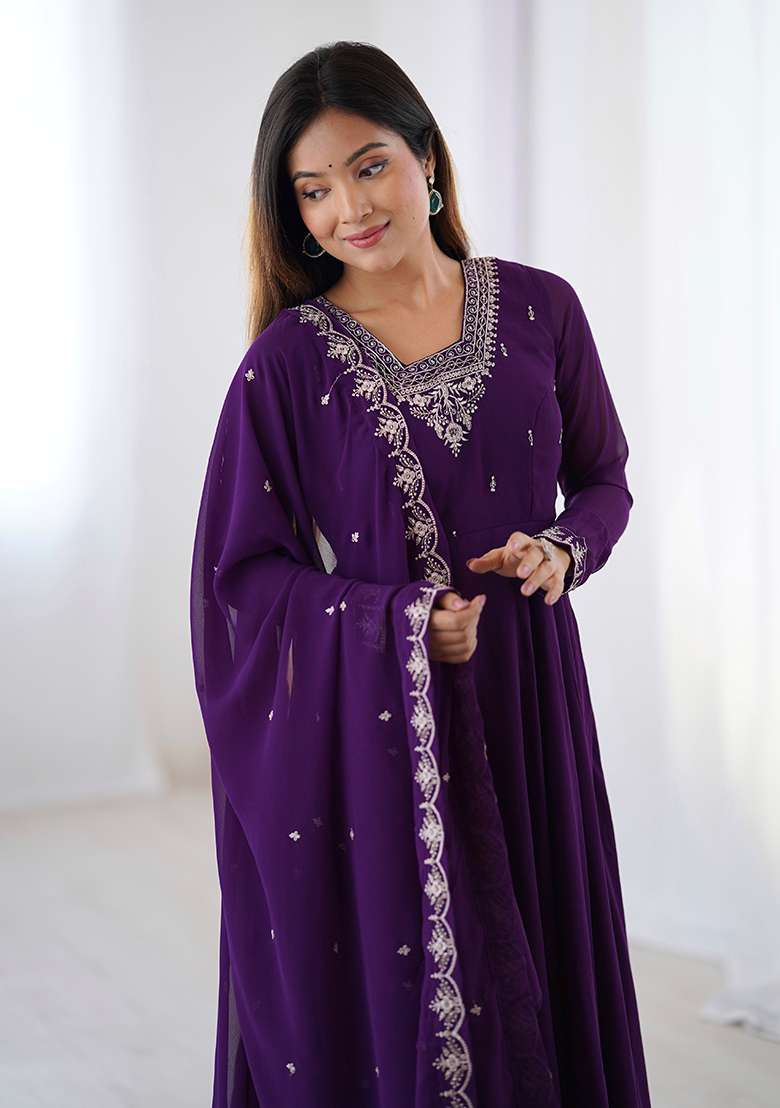 Purple Embroidery Georgette Kurta Set - Indya