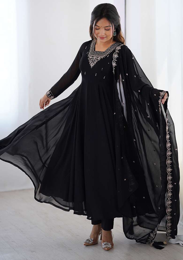 Black Embroidery Georgette Kurta Set - Indya