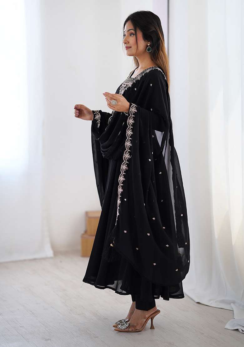 Black Embroidery Georgette Kurta Set - Indya