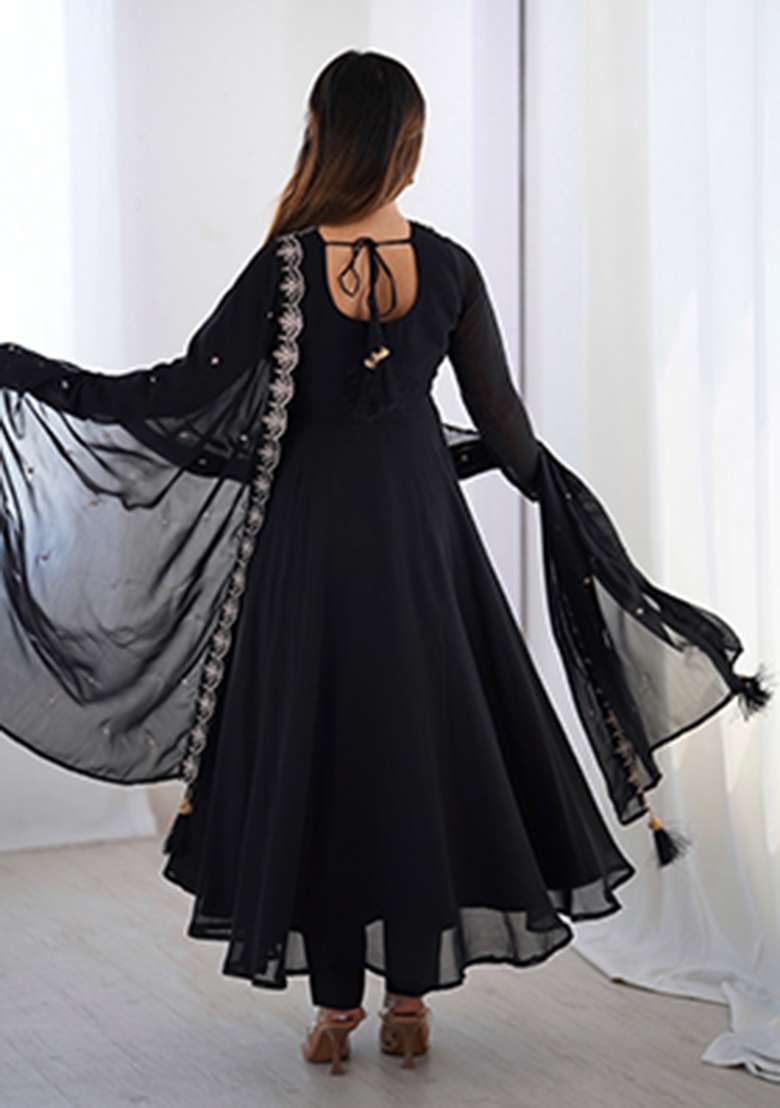 Black Embroidery Georgette Kurta Set - Indya