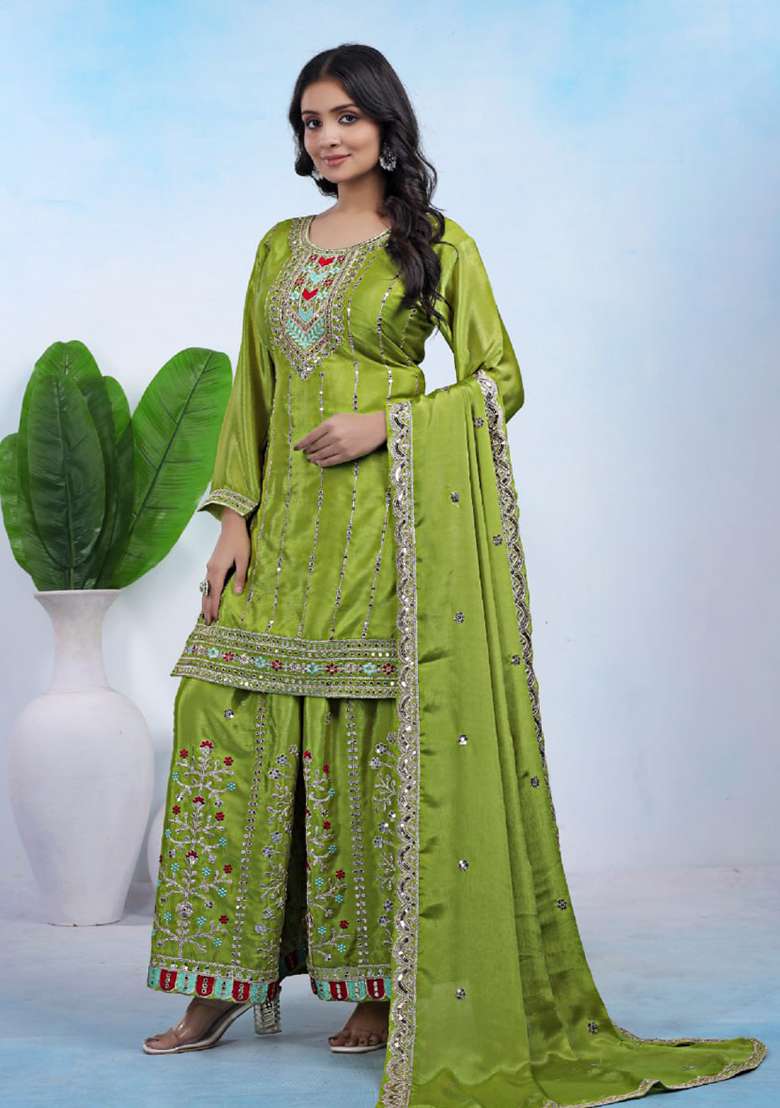Green Embroidered Silk Blend Sharara Set - Indya