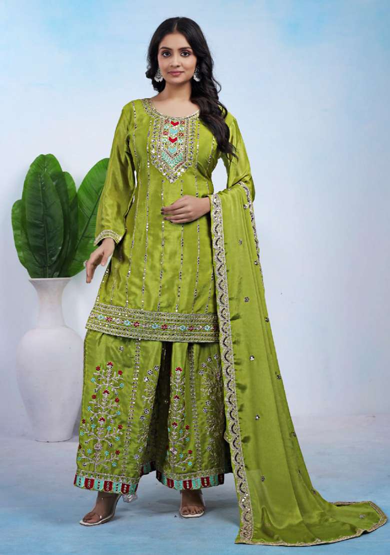 Green Embroidered Silk Blend Sharara Set - Indya