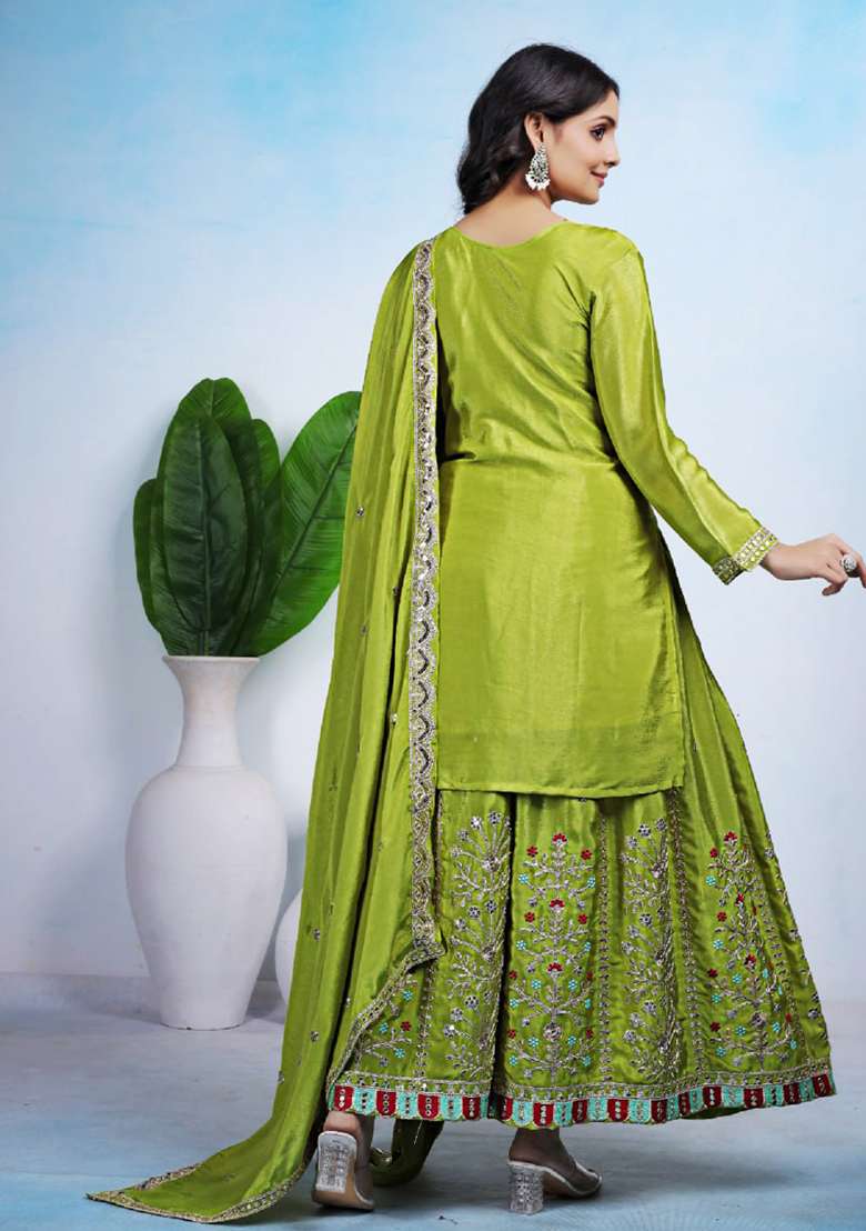 Green Embroidered Silk Blend Sharara Set - Indya