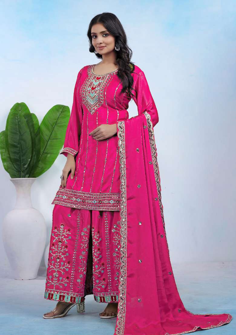 Pink Embroidered Silk Blend Sharara Set - Indya