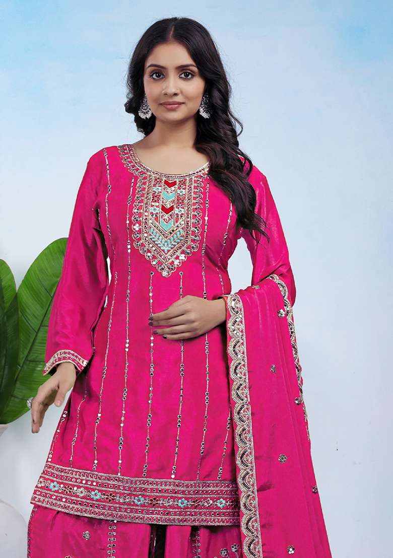Pink Embroidered Silk Blend Sharara Set - Indya