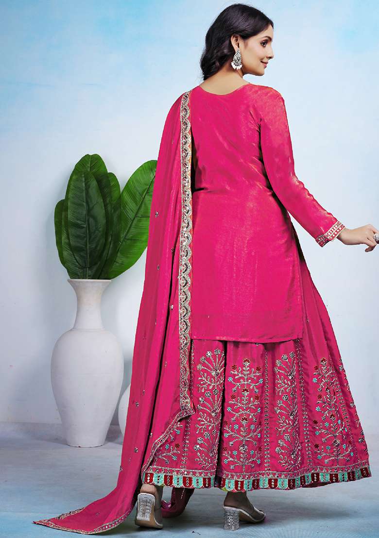 Pink Embroidered Silk Blend Sharara Set - Indya