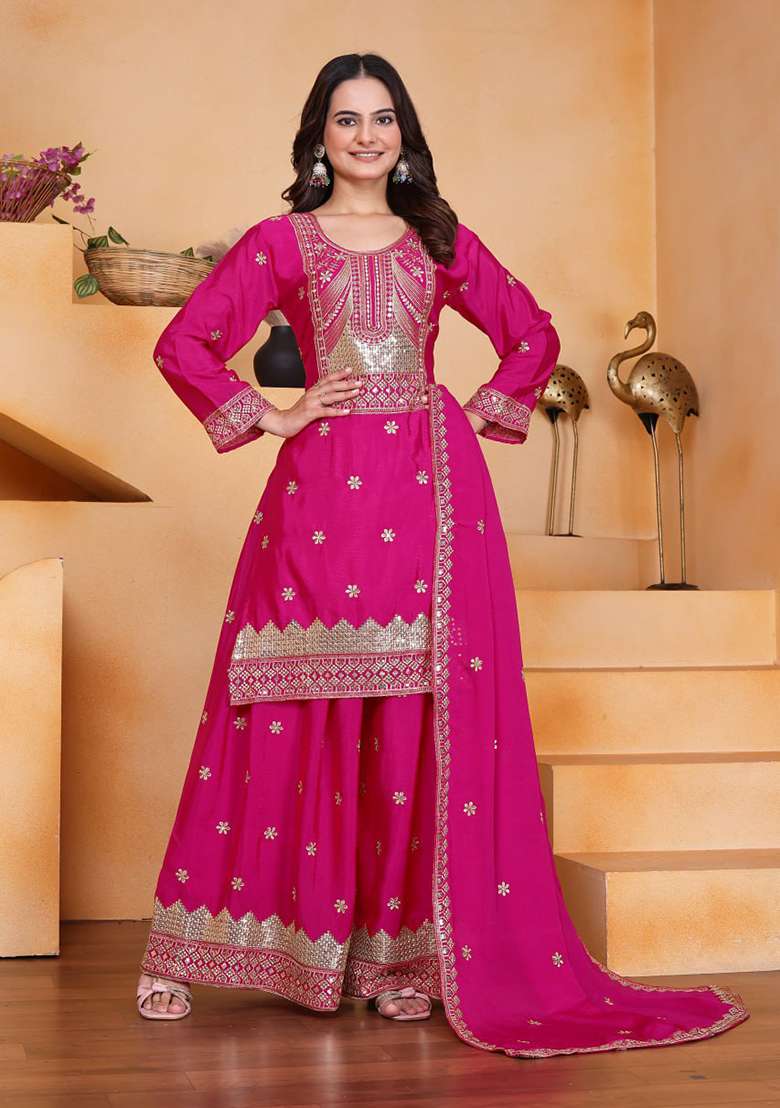 Pink Embroidered Silk Blend Sharara Set - Indya