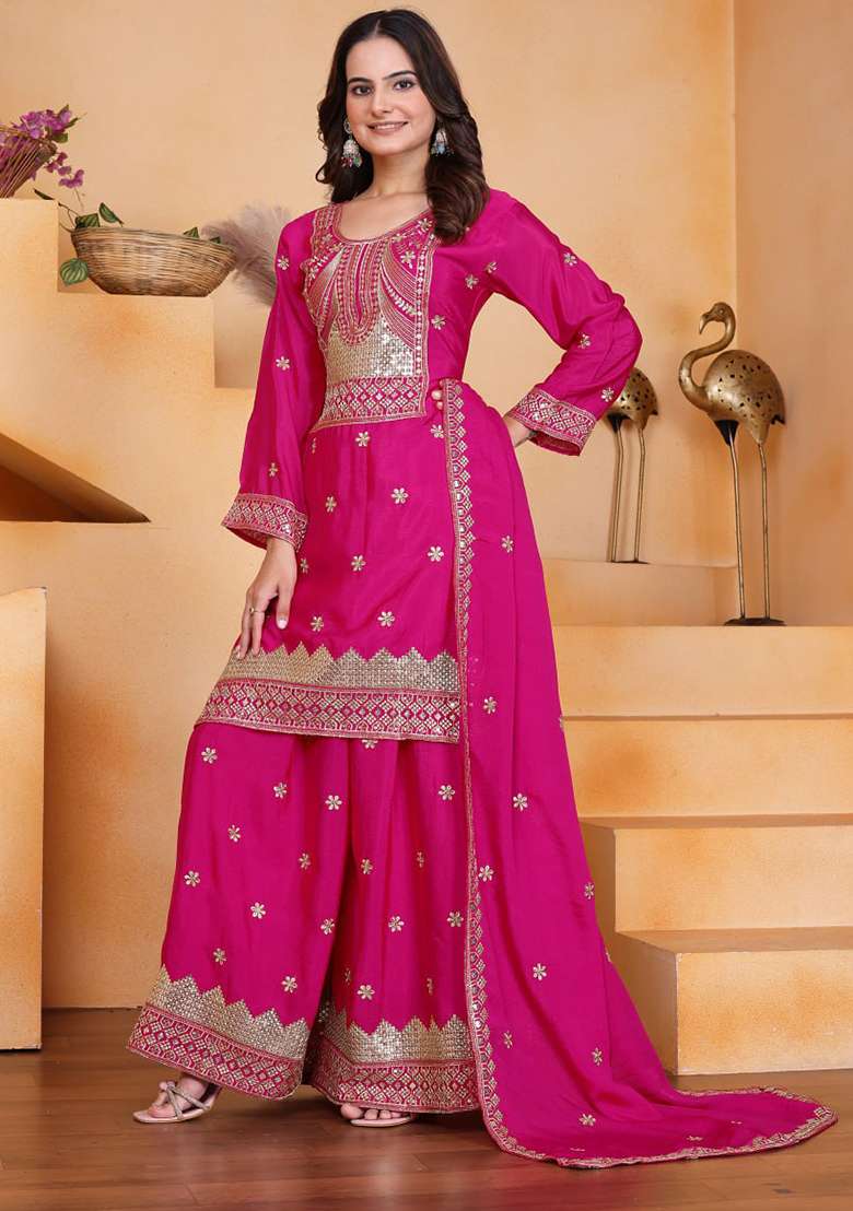 Pink Embroidered Silk Blend Sharara Set - Indya