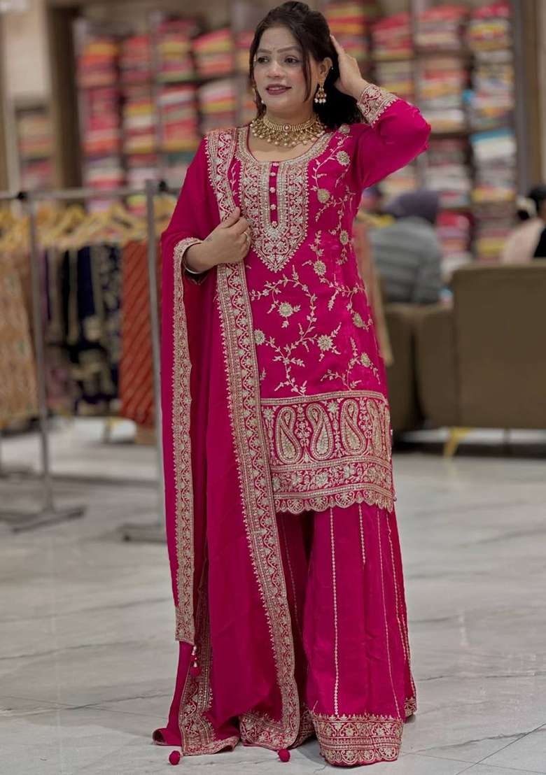 Pink Embroidered Silk Blend Sharara Set - Indya