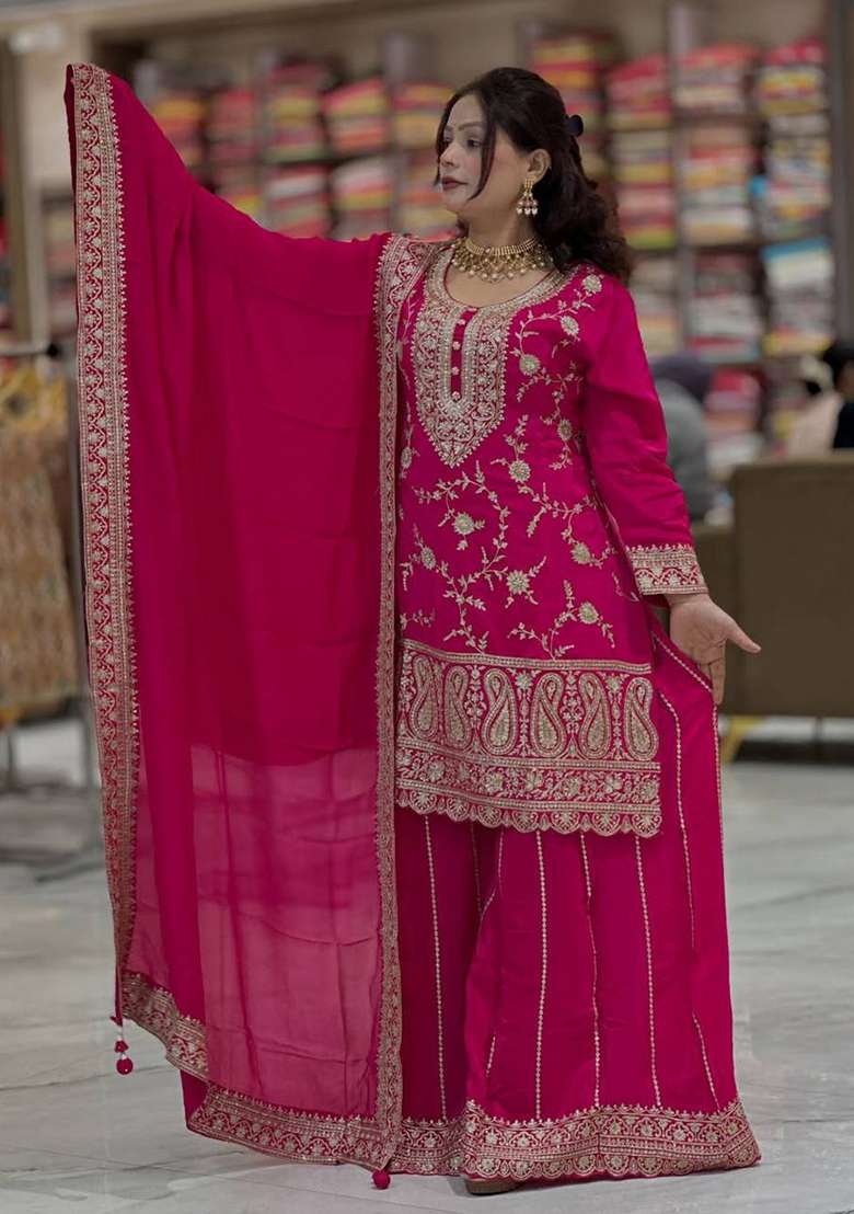 Pink Embroidered Silk Blend Sharara Set - Indya