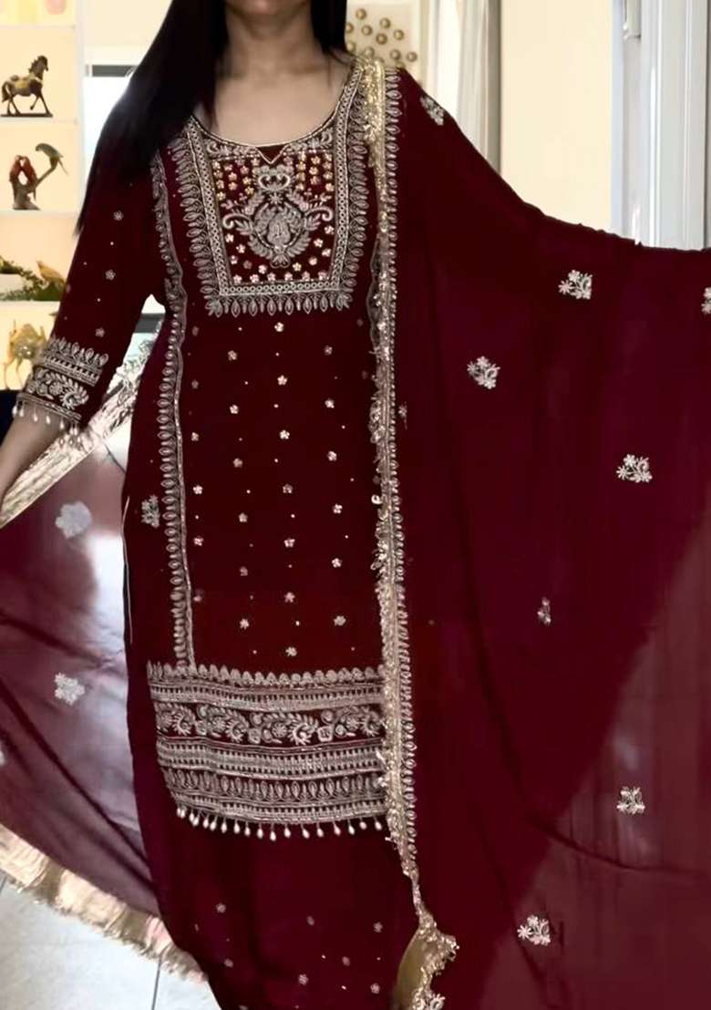 Maroon Embroidered Silk Pakistani Suit Set - Indya