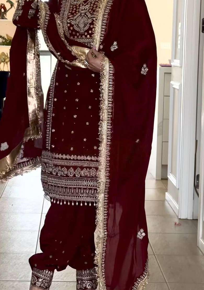 Maroon Embroidered Silk Pakistani Suit Set - Indya